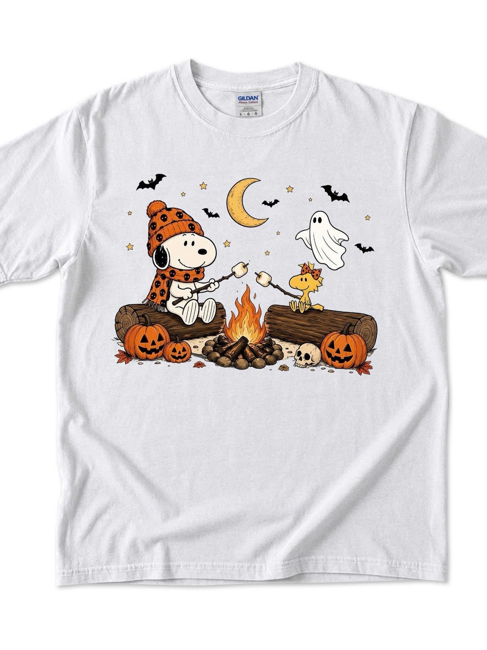 Cute Halloween Campfire Tee, Peanuts Ghost Pumpkin Graphic T-shirt, Spooky Retro